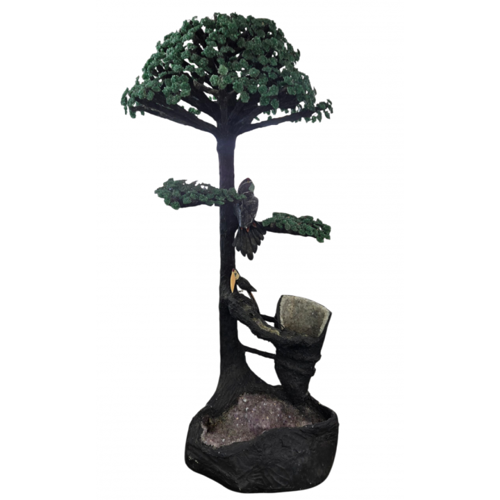 amethyst tree fountain with green aventurine leaf and two hand carved toucan