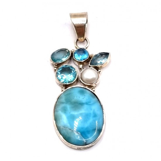 pendant larimar - blue topaz - pearl