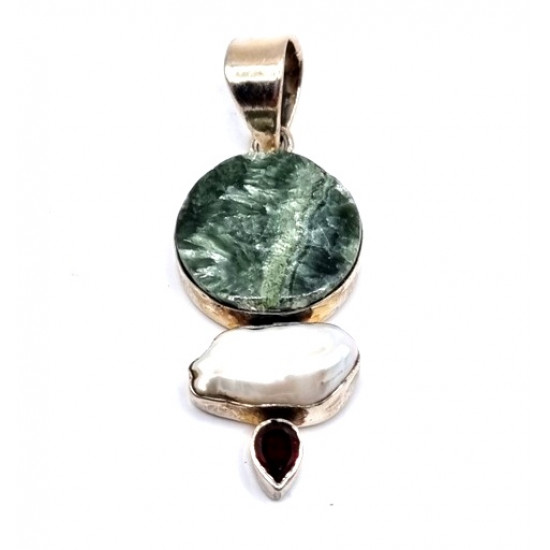 pendant seraphinite - garnet - pearl