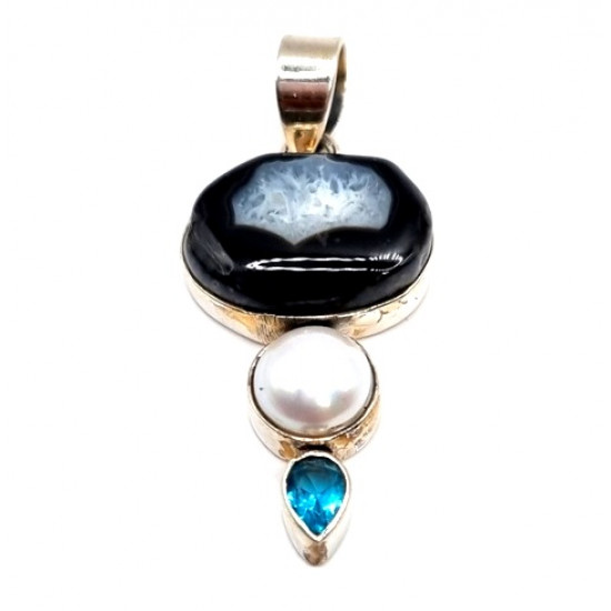 pendentif agate - perle - topaze bleu