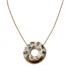 collier donut blanc plaque or