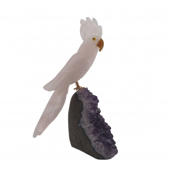 parrot rose quartz on amethyst