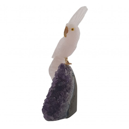 parrot rose quartz on amethyst