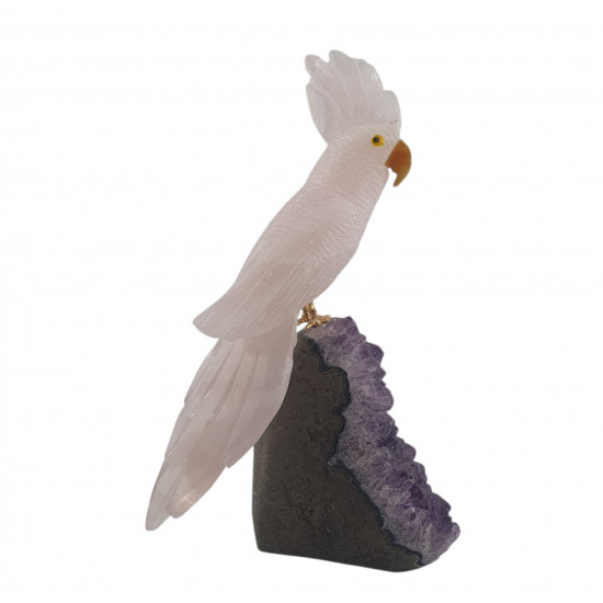 parrot rose quartz on amethyst