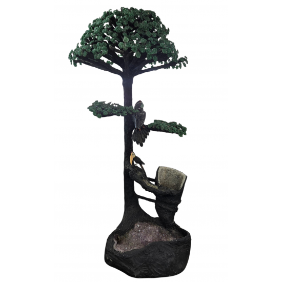 amethyst tree fountain with green aventurine leaf and two hand carved toucan