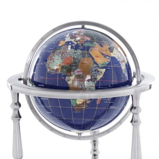37" Tall Gemstone Globe with 13'" Lapis Ocean on Ambassador Antique Silver 3-Leg High Stand