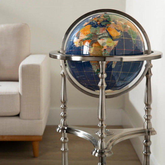 37" Tall Gemstone Globe with 13'" Lapis Ocean on Ambassador Antique Silver 3-Leg High Stand