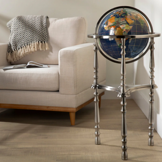 37" Tall Gemstone Globe with 13'" Lapis Ocean on Ambassador Antique Silver 3-Leg High Stand
