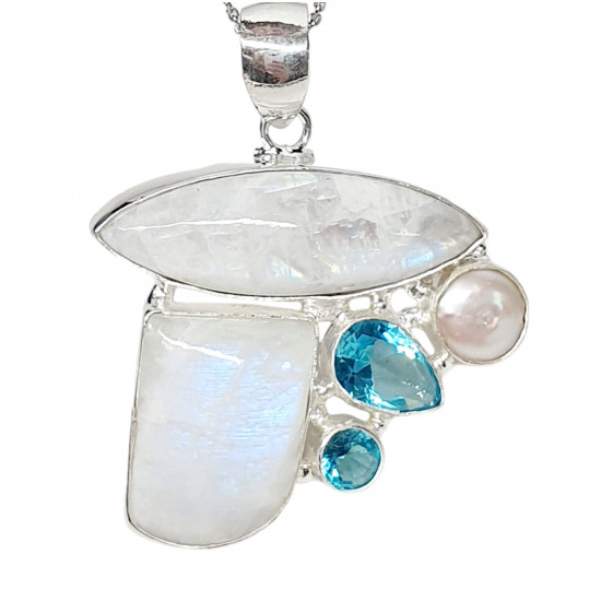 pendant moonstone - blue topaze - pearl