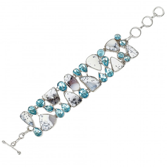silver dendrite agate and blue topaze bracelet