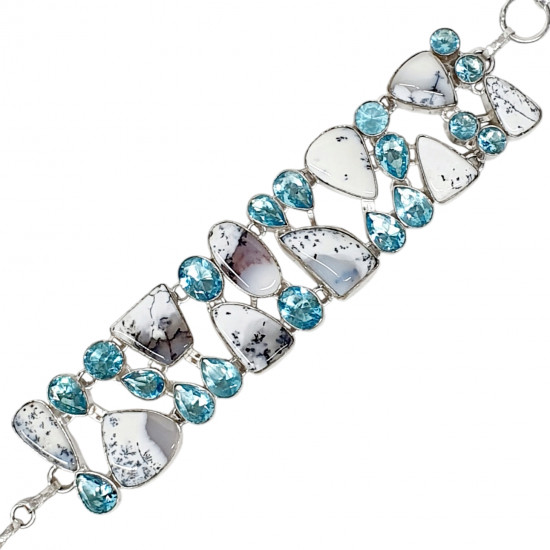 silver dendrite agate and blue topaze bracelet