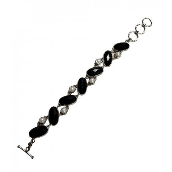 Sterling Silver Black Onyx and pearl Bracelet B-168-74