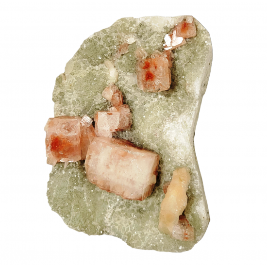 red apophyllite and stilbite on quartz