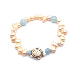 Pink Freshwater Pearl Bracelet With Aquamarine and Howlite Turtle