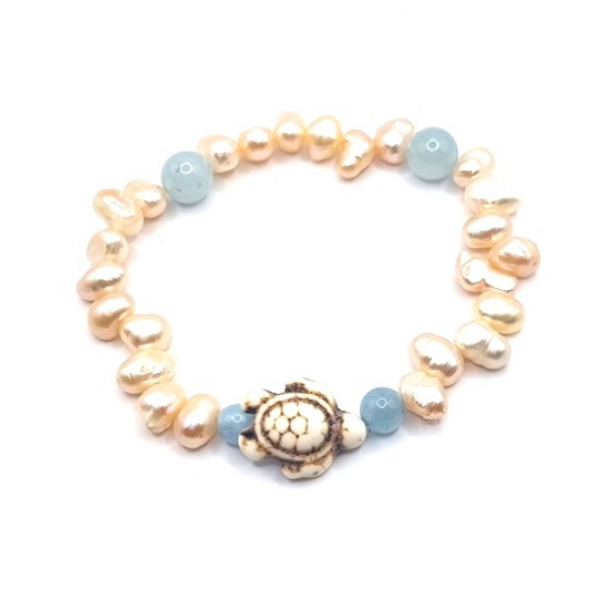 Pink Freshwater Pearl Bracelet With Aquamarine and Howlite Turtle Pink Freshwater Pearl Bracelet With Aquamarine and Howlite Turtle
