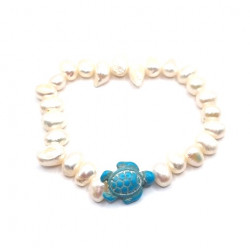 White Freshwater pearl Bracelet with Blue Howlite Turtle Charm
