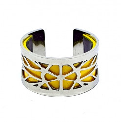 Bague argenté cuir interchangeable jaune/violet métalisé