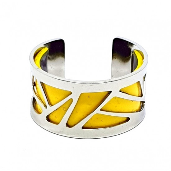 Bague argenté cuir interchangeable jaune/violet métalisé